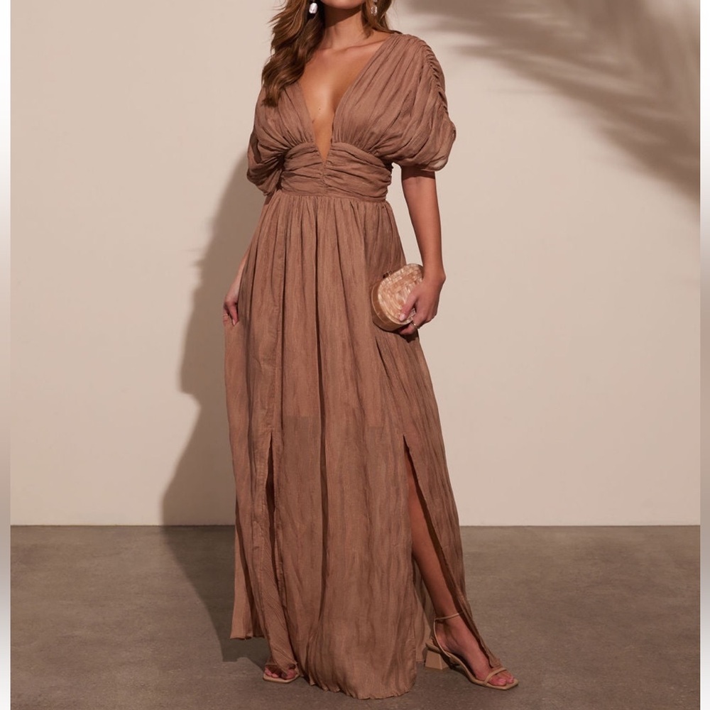 Vici Brown Maxi Dress with Deep V & Puff Sleeves